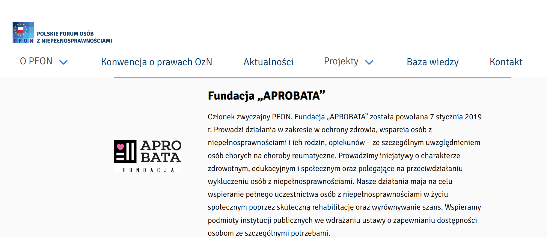 Wpis na stronie PFON informacja o działaniach fundacji ,,APROBATA'