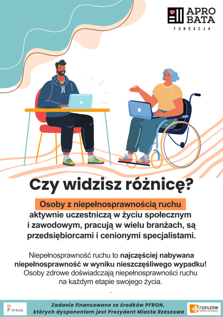1 Broszura edukacyjna zawierająca informacje wpierający osoby z niepełnosprawnością ruchu.